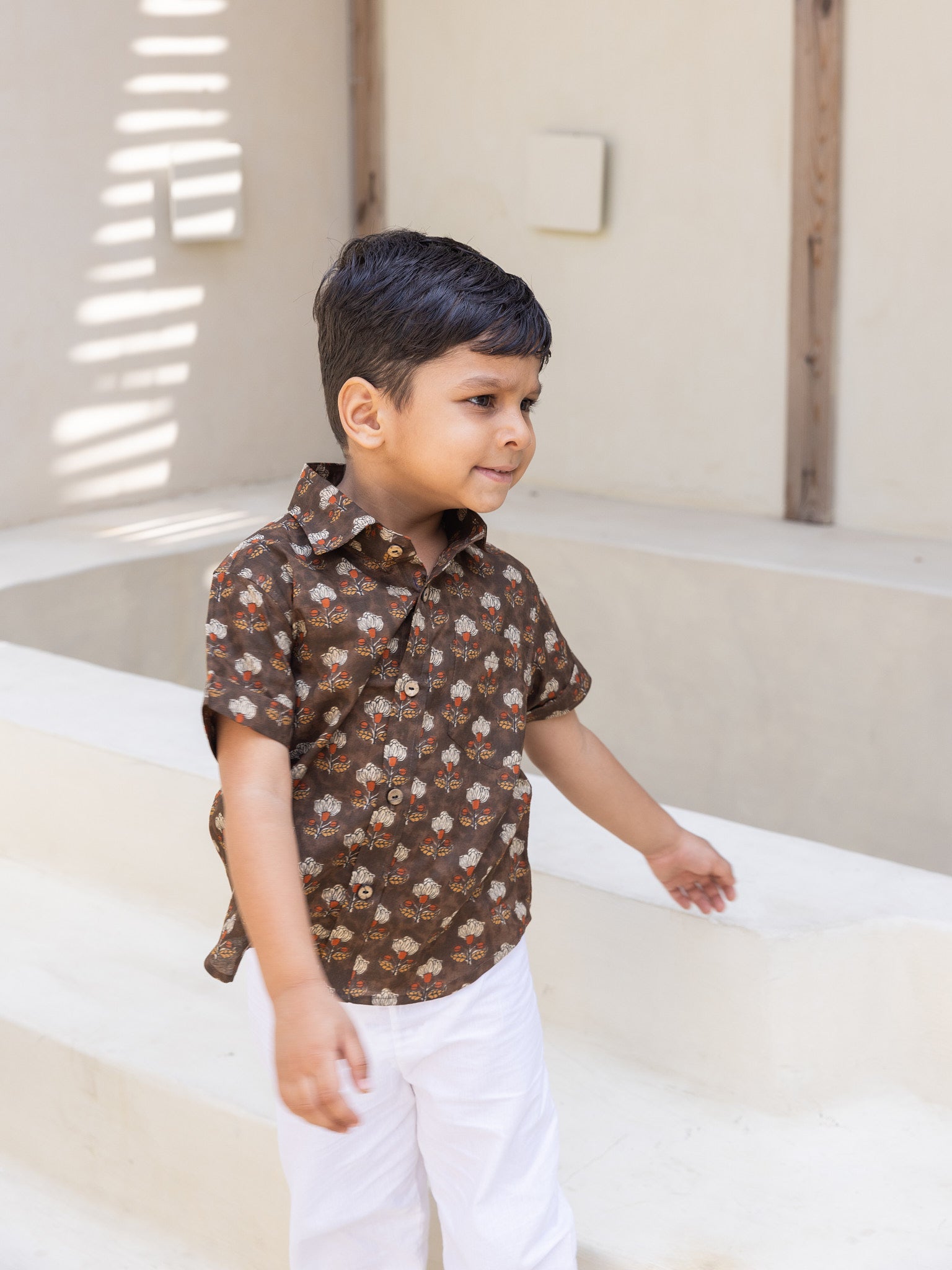 Cotton Brown Floral Boy Ethnic Shirt