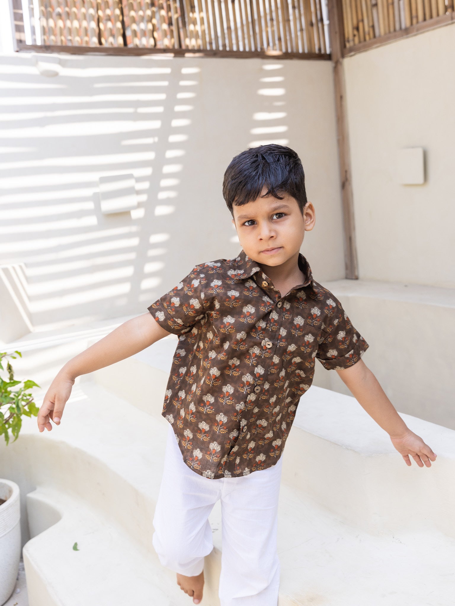 Cotton Brown Floral Boy Ethnic Shirt