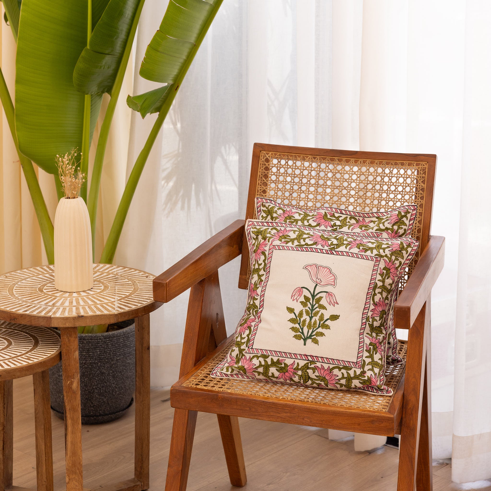 Cotton Pink Dahaliya Block Print Cushion Cover