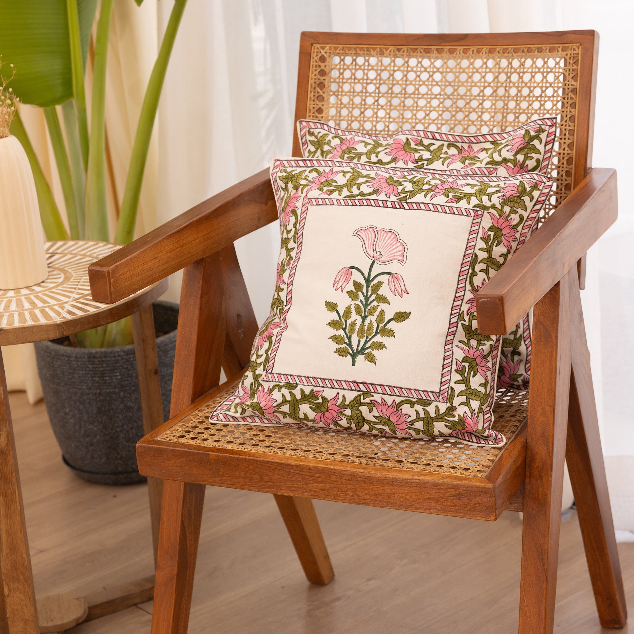 Cotton Pink Dahaliya Block Print Cushion Cover