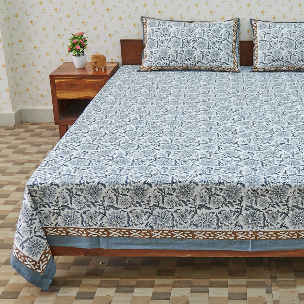 Cotton Block Print Floral Jaal White Grey Queen Size Bedsheet