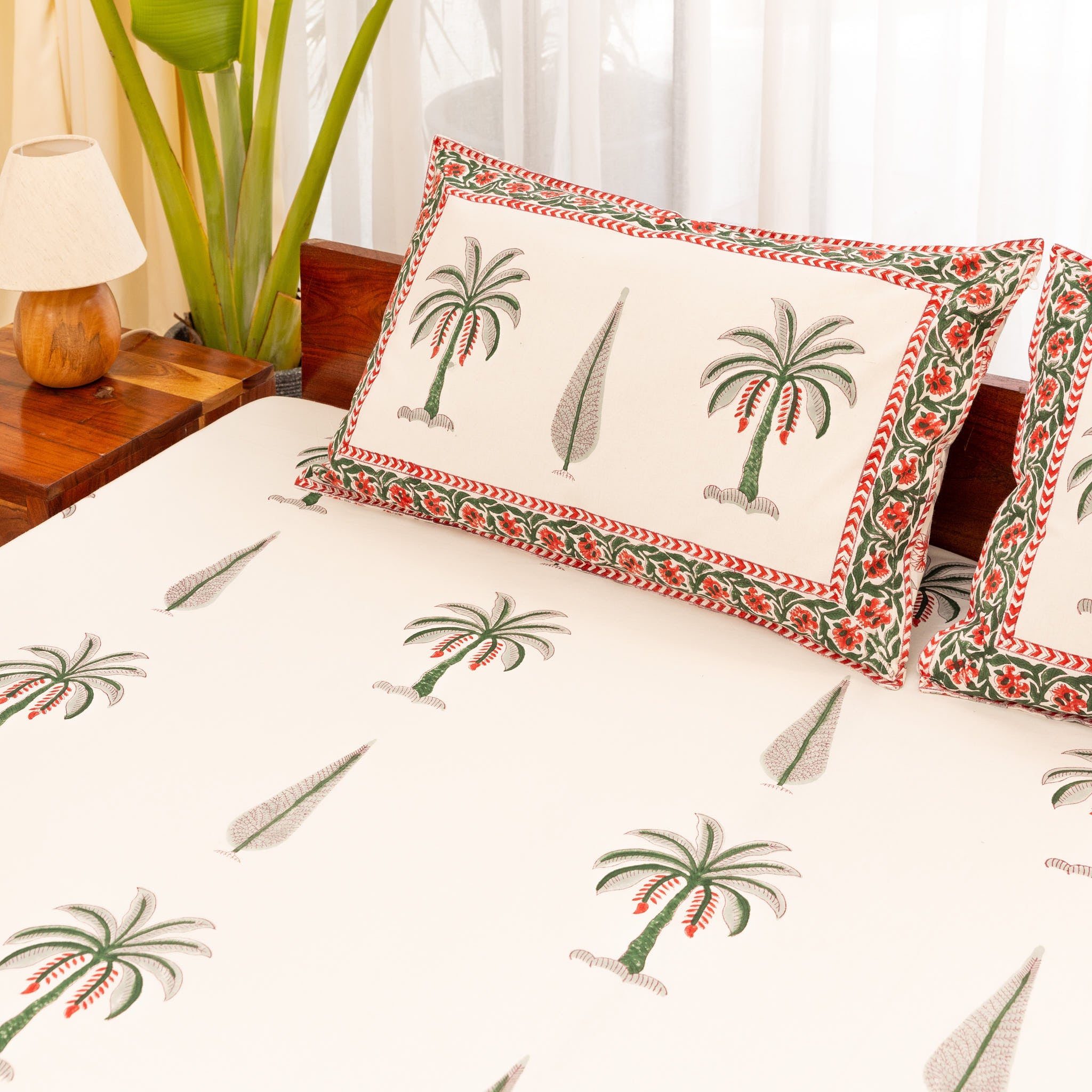 Cotton Queen Size Bedsheet Green-Red Tree Block Print