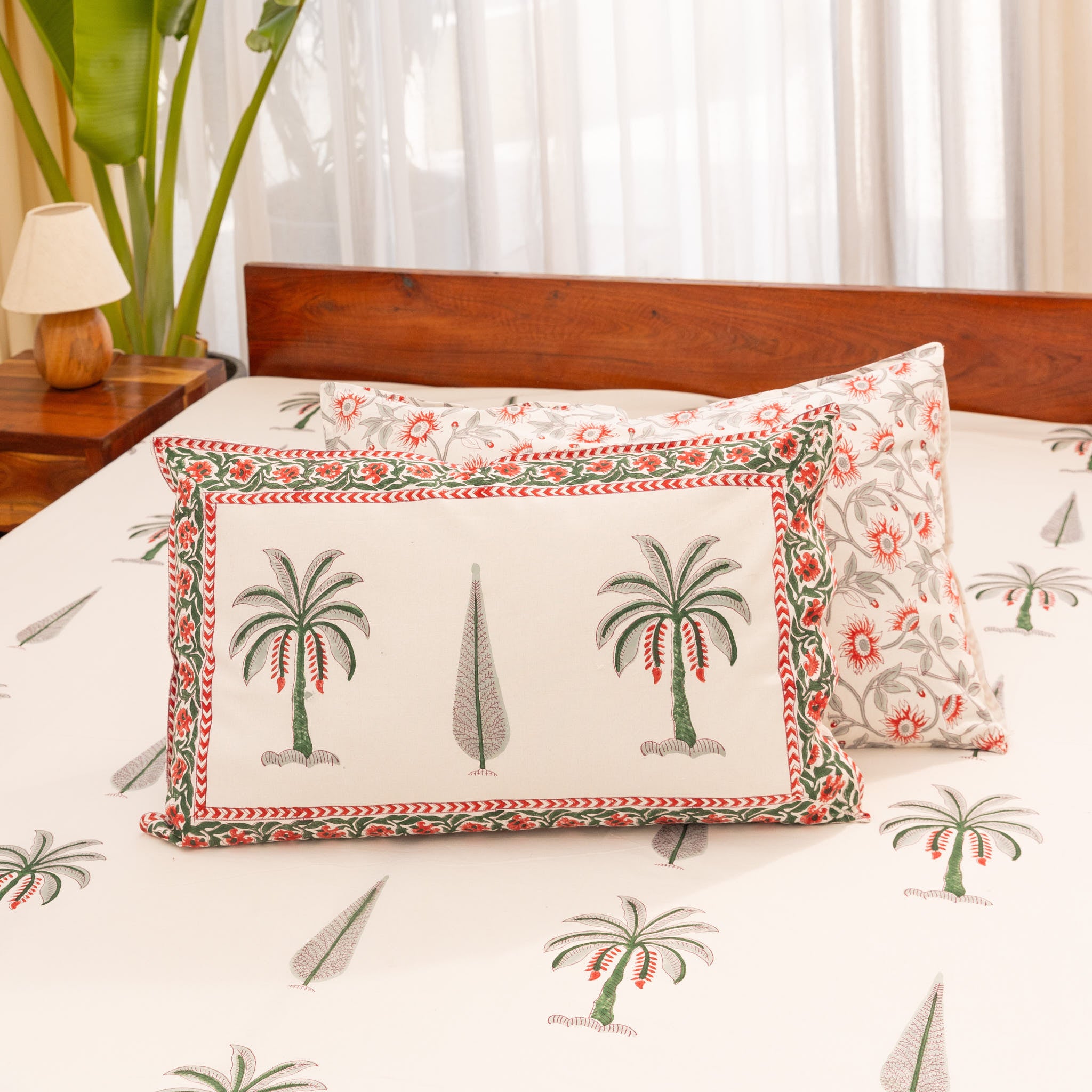 Cotton Queen Size Bedsheet Green-Red Tree Block Print