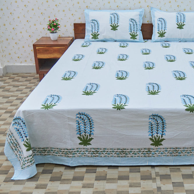 Cotton White Blue Plant Block Print Queen Size Bedsheet