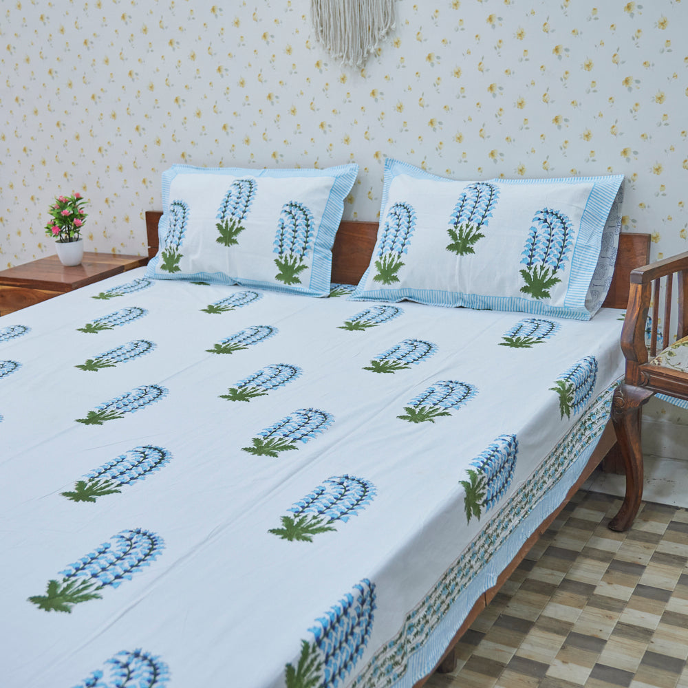 Cotton White Blue Plant Block Print Queen Size Bedsheet