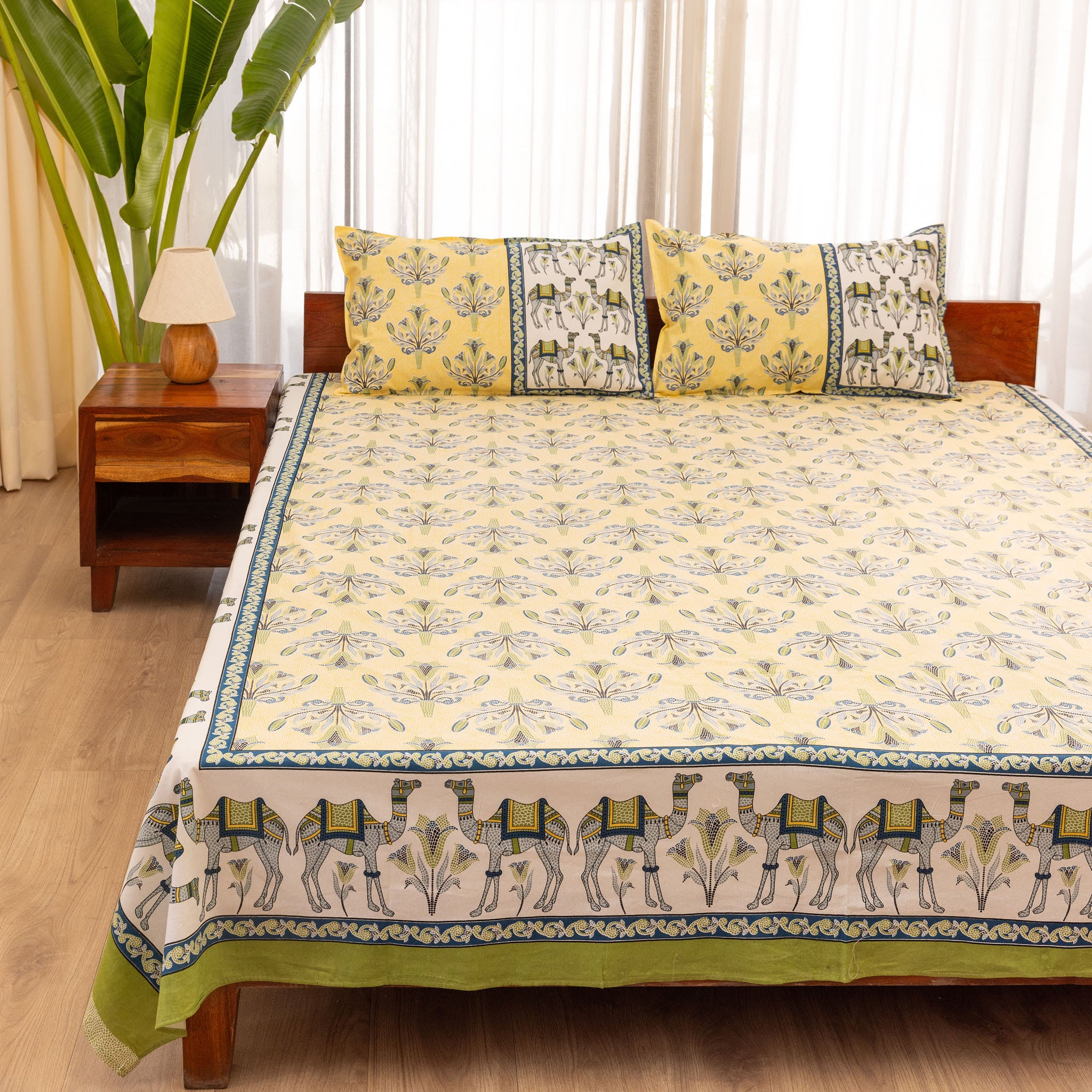 Cotton Green-Yellow Camel Queen Size Bedsheet