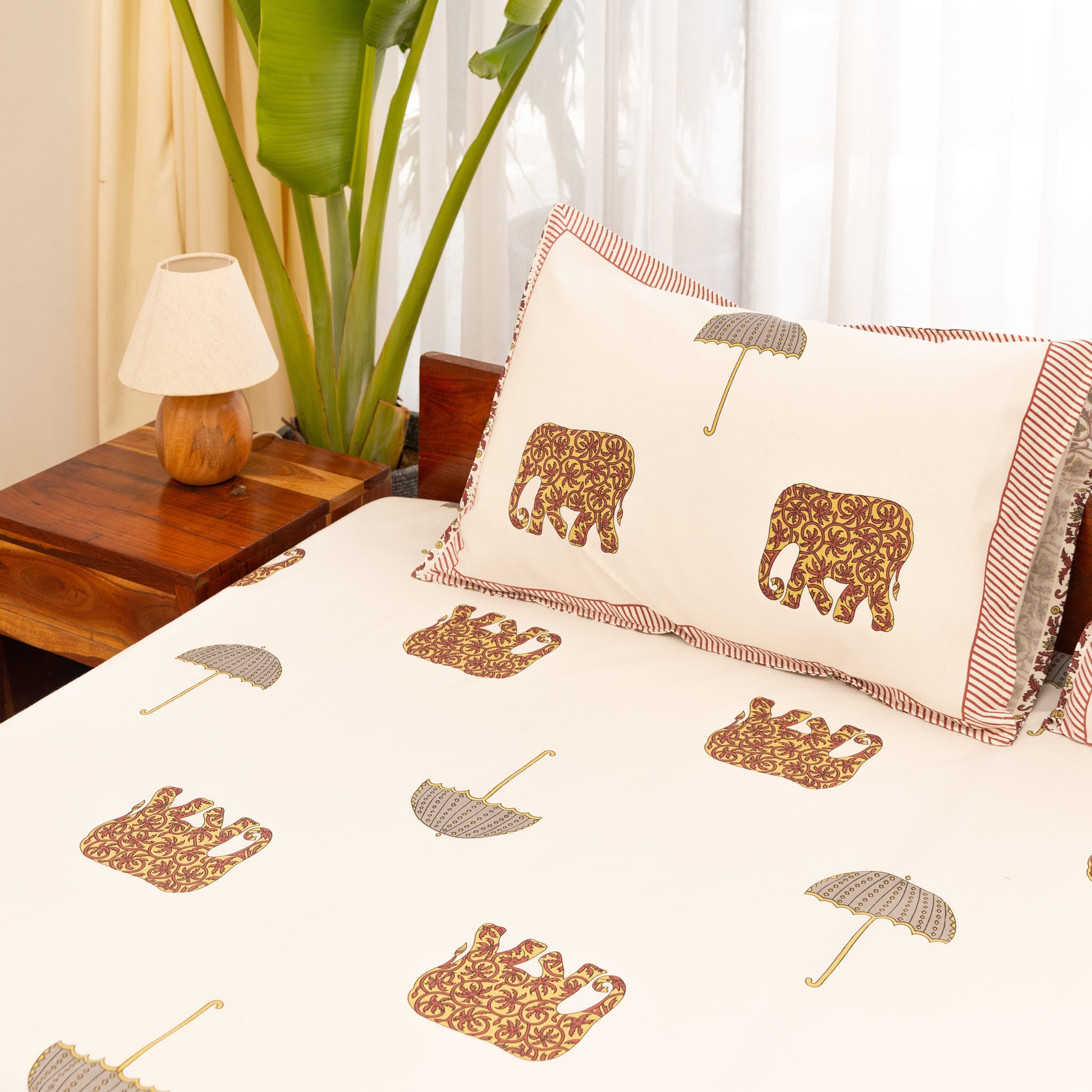 Cotton Queen Size Bedsheet Mustard Elephant Print