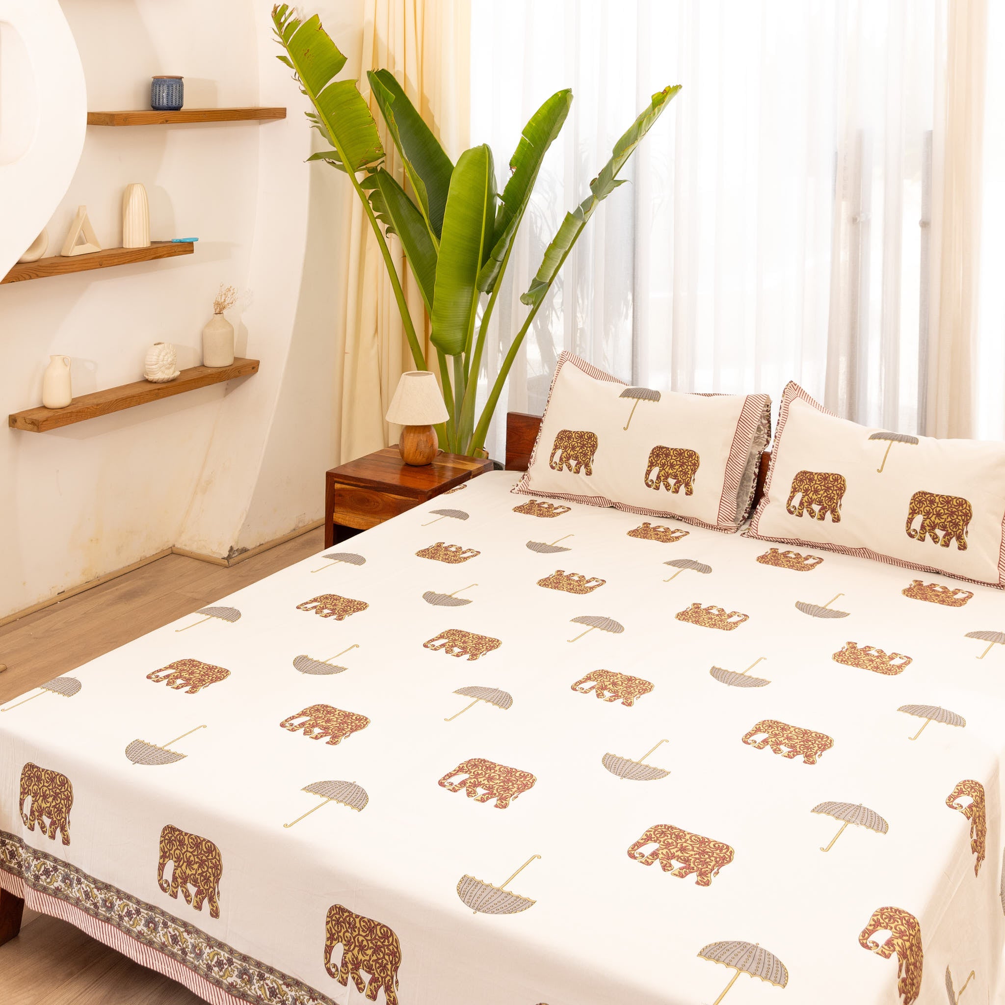 Cotton Queen Size Bedsheet Mustard Elephant Print