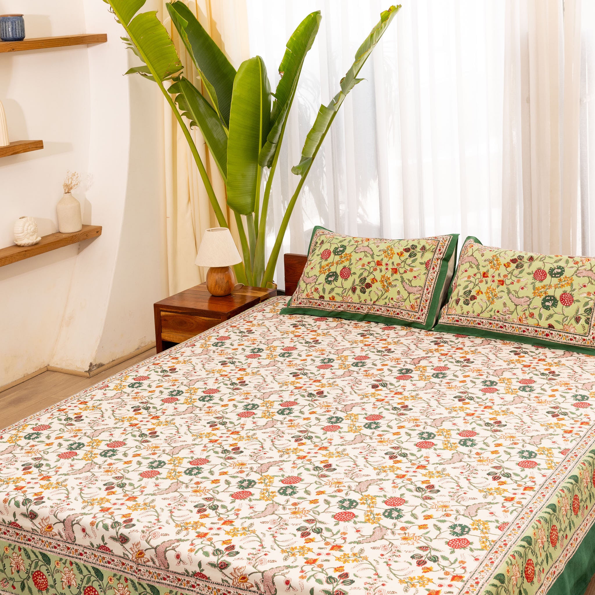 Cotton Queen Size Bedsheet White Floral Jaal Print