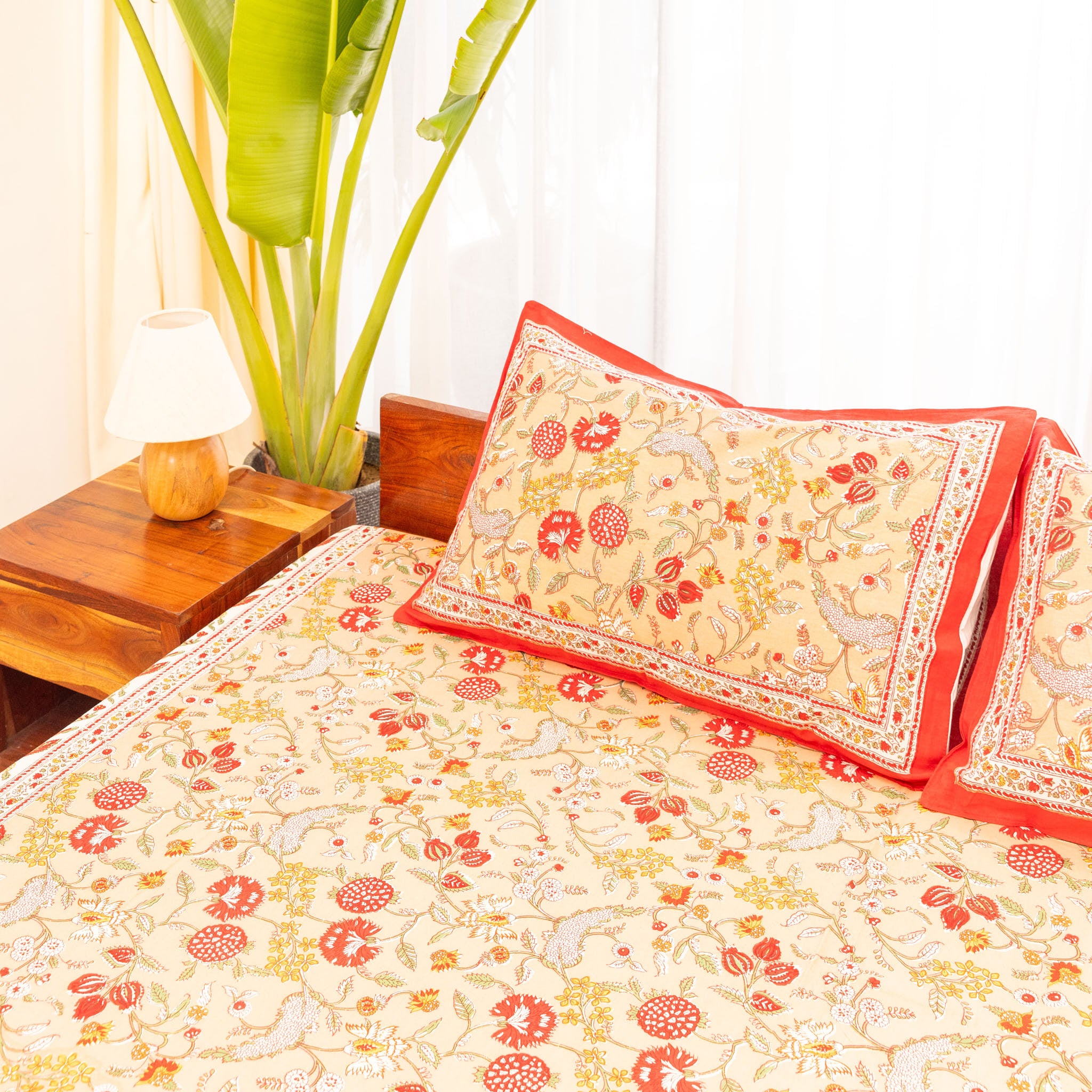 Cotton Queen Size Bedsheet Red Floral Jaal Print