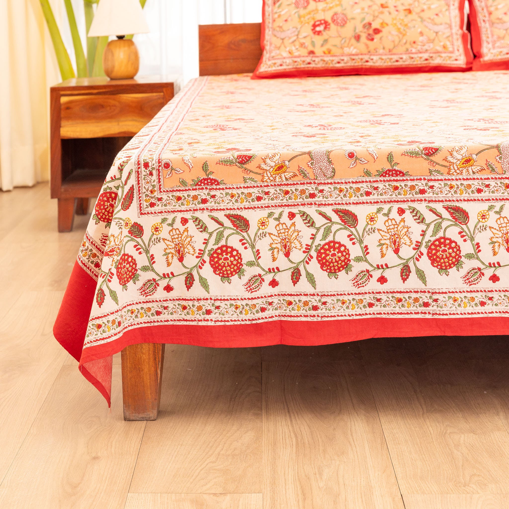 Cotton Queen Size Bedsheet Red Floral Jaal Print