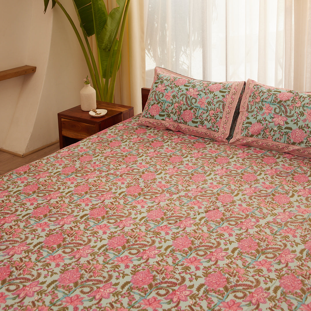 Cotton Pink-Green Floral Queen Size Bedsheet