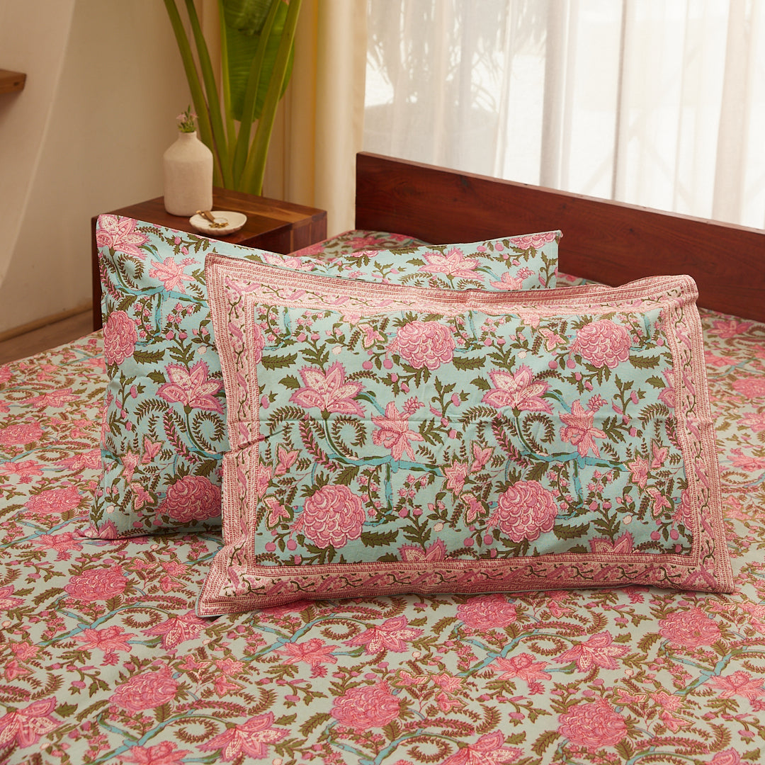 Cotton Pink-Green Floral Queen Size Bedsheet