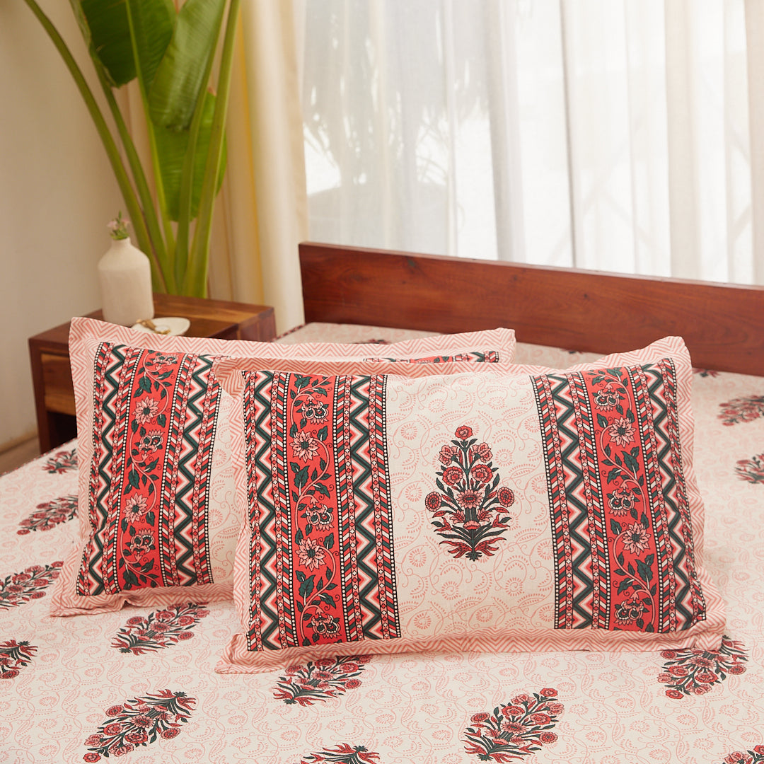 Cotton Queen Size Bedsheet Red-Pink Floral Print