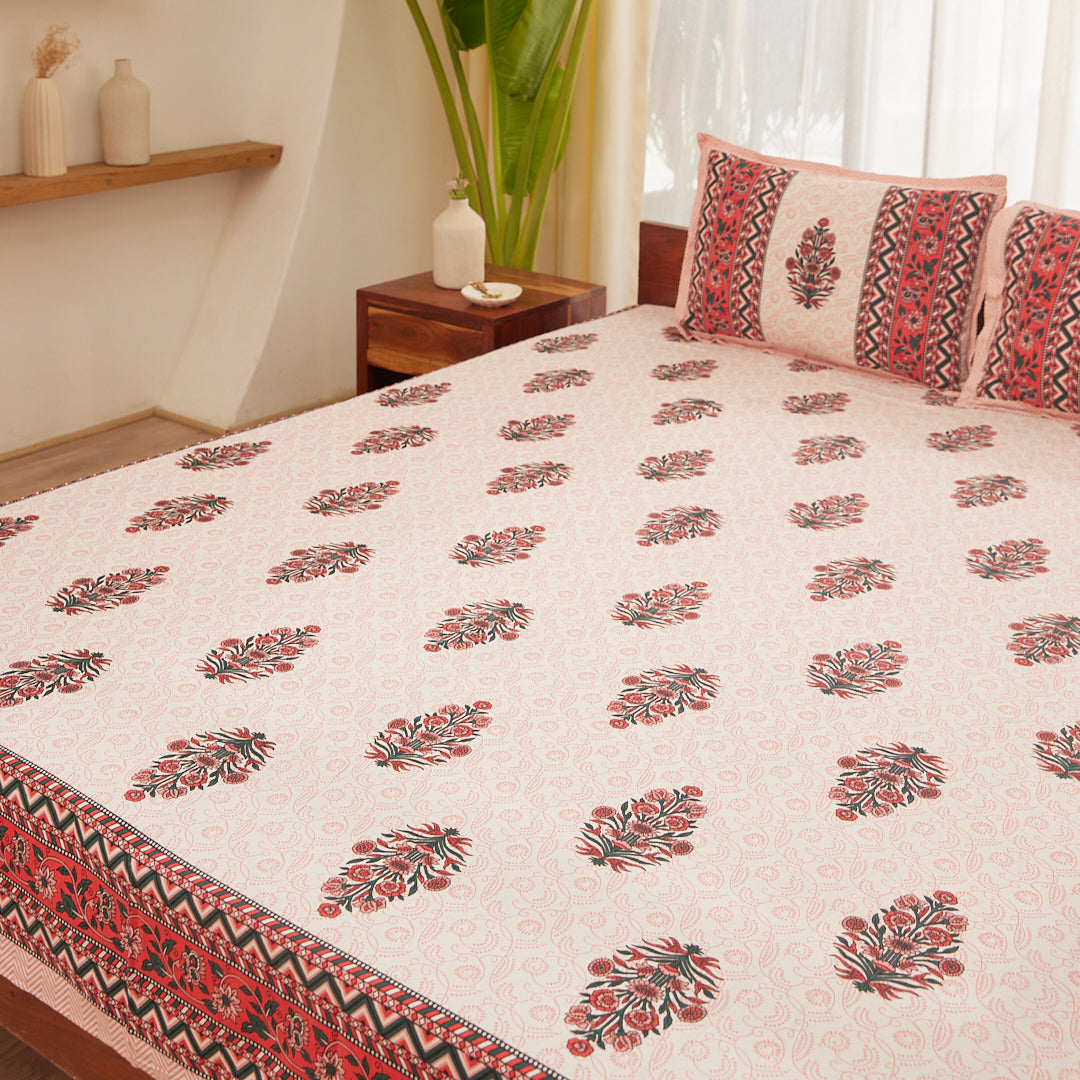 Cotton Queen Size Bedsheet Red-Pink Floral Print