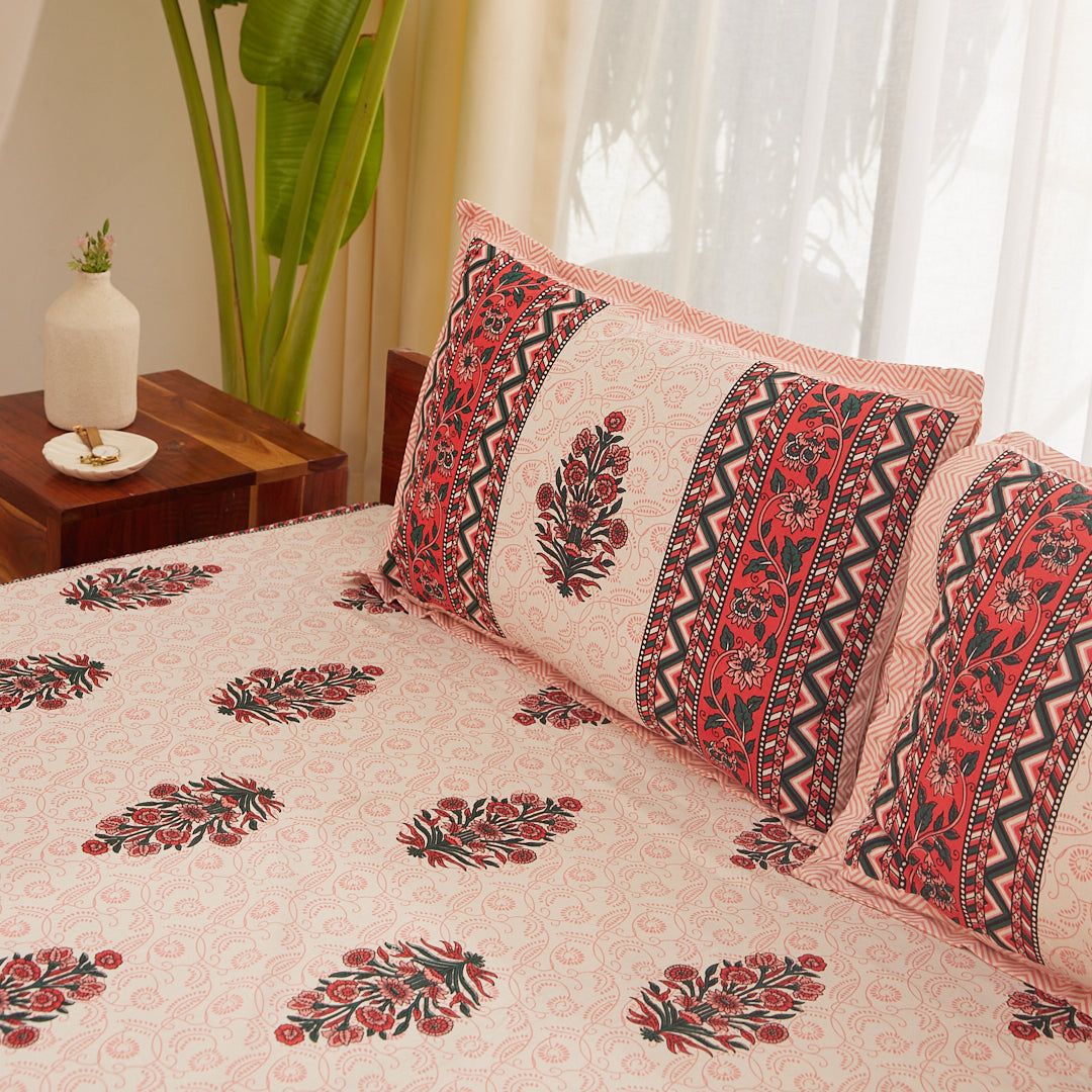 Cotton Queen Size Bedsheet Red-Pink Floral Print