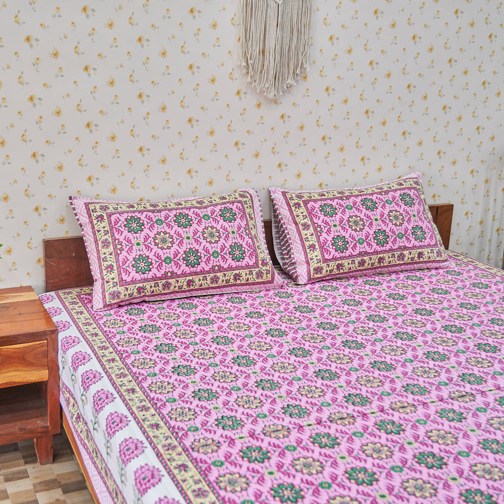 Cotton Floral Dark Pink Queen Size Bedsheet