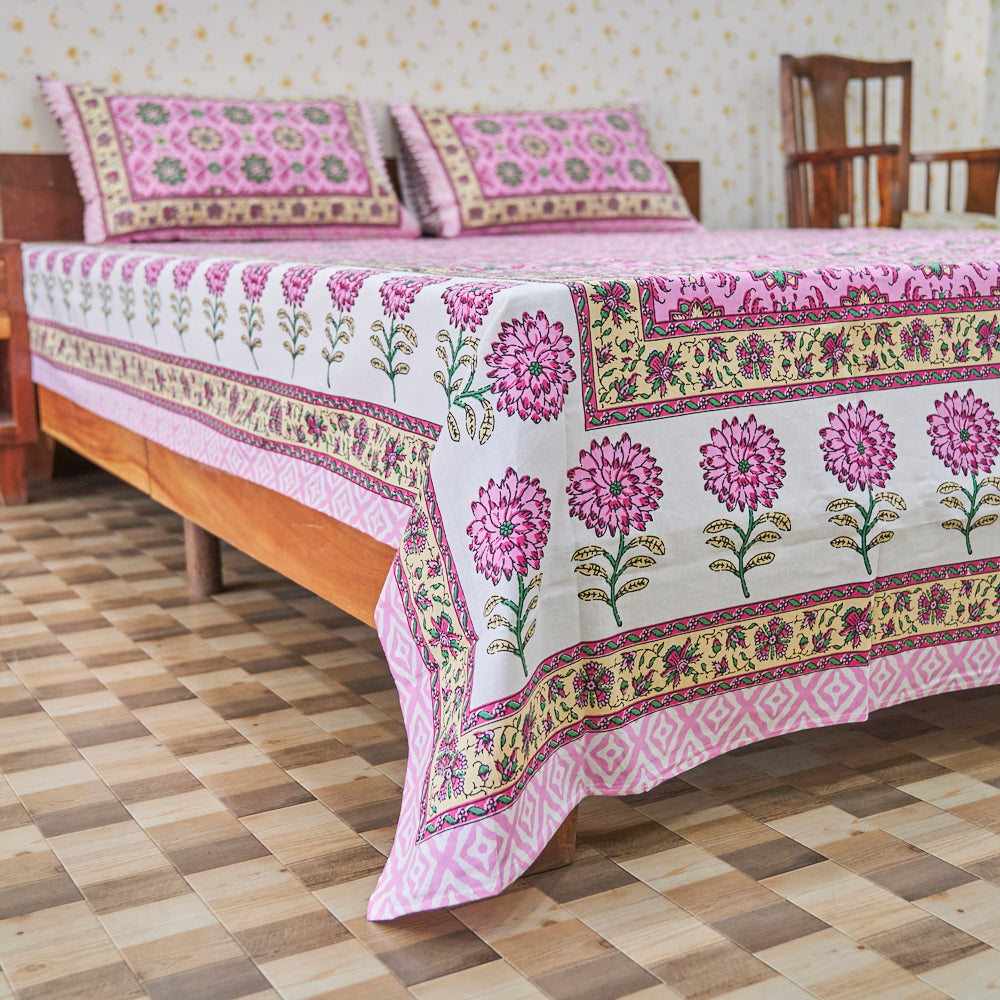 Cotton Floral Dark Pink Queen Size Bedsheet