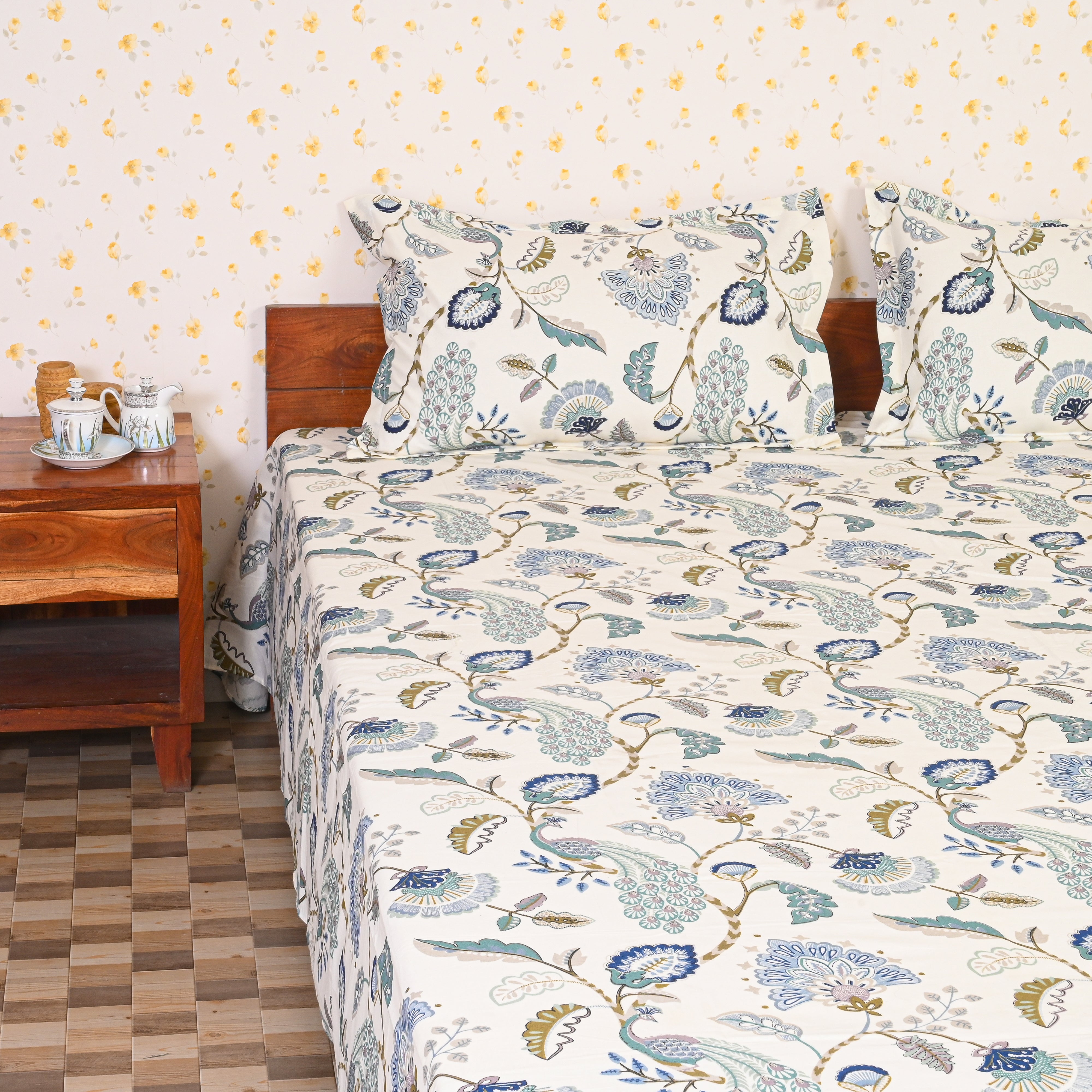 Cotton Light Cream Blue Floral Peacock Queen Size Bedsheet