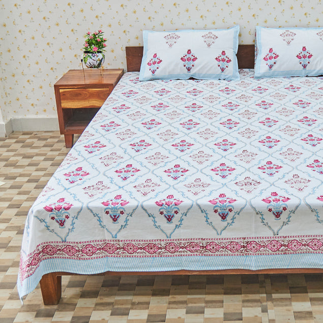 Cotton Carolina White Blue Red Floral Block Print Queen Size Bedsheet