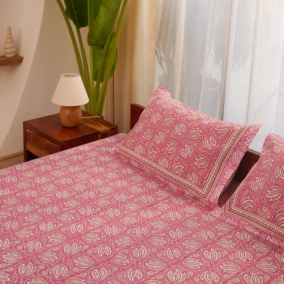 Cotton Pink Floral Queen Size Bedsheet