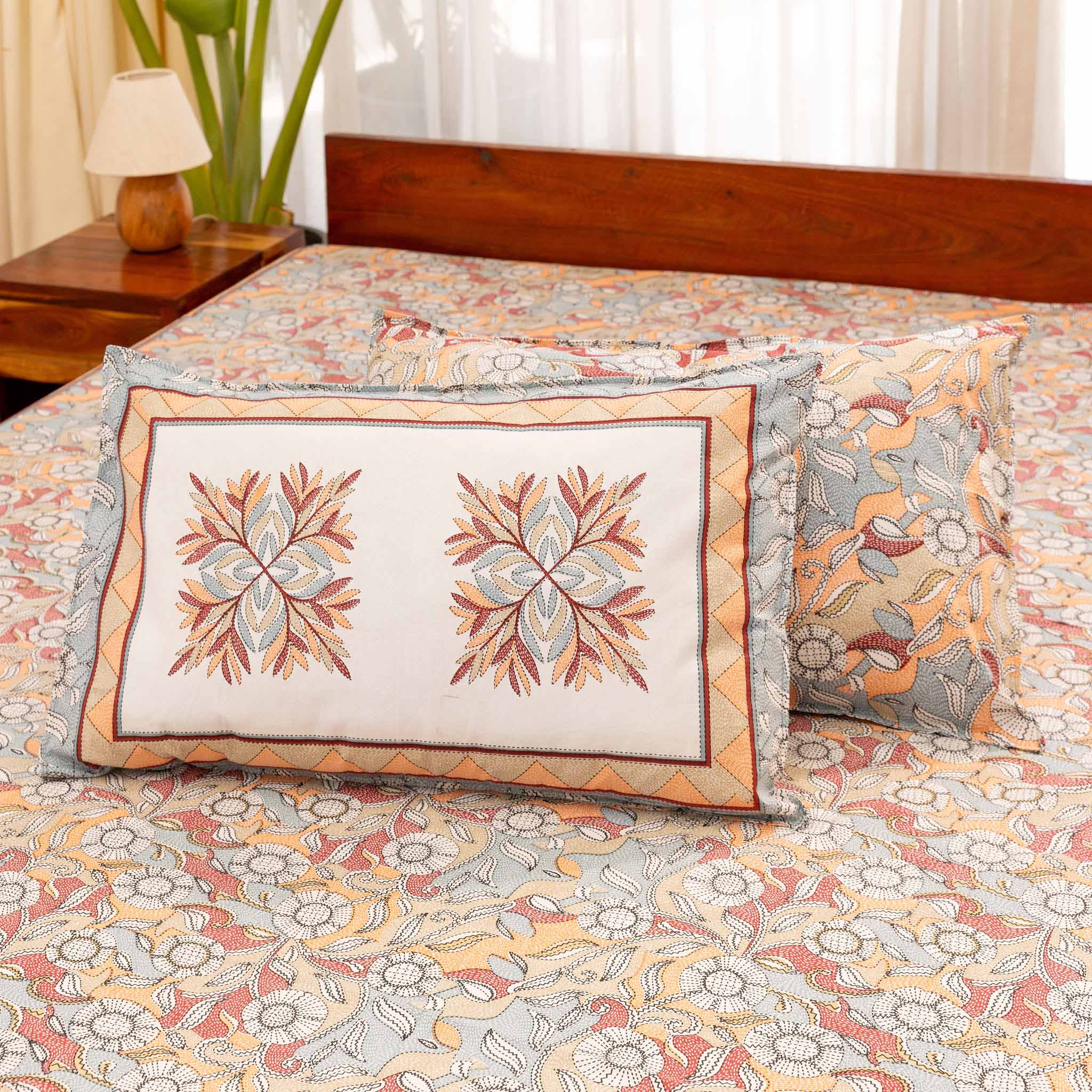 Cotton Orenji Floral Queen Size Bedsheet