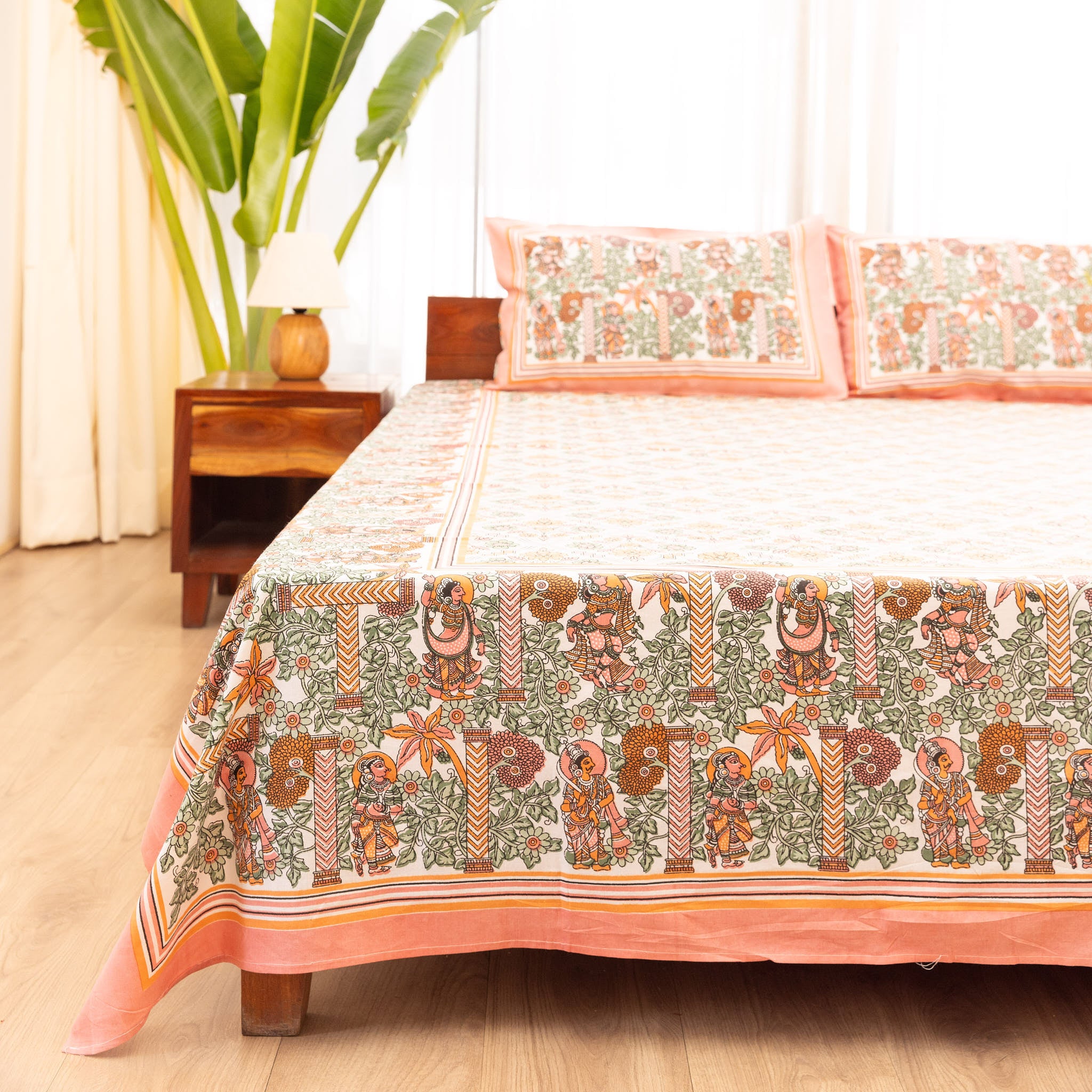 Cotton Pink-Yellow Floral Queen Size Bedsheet