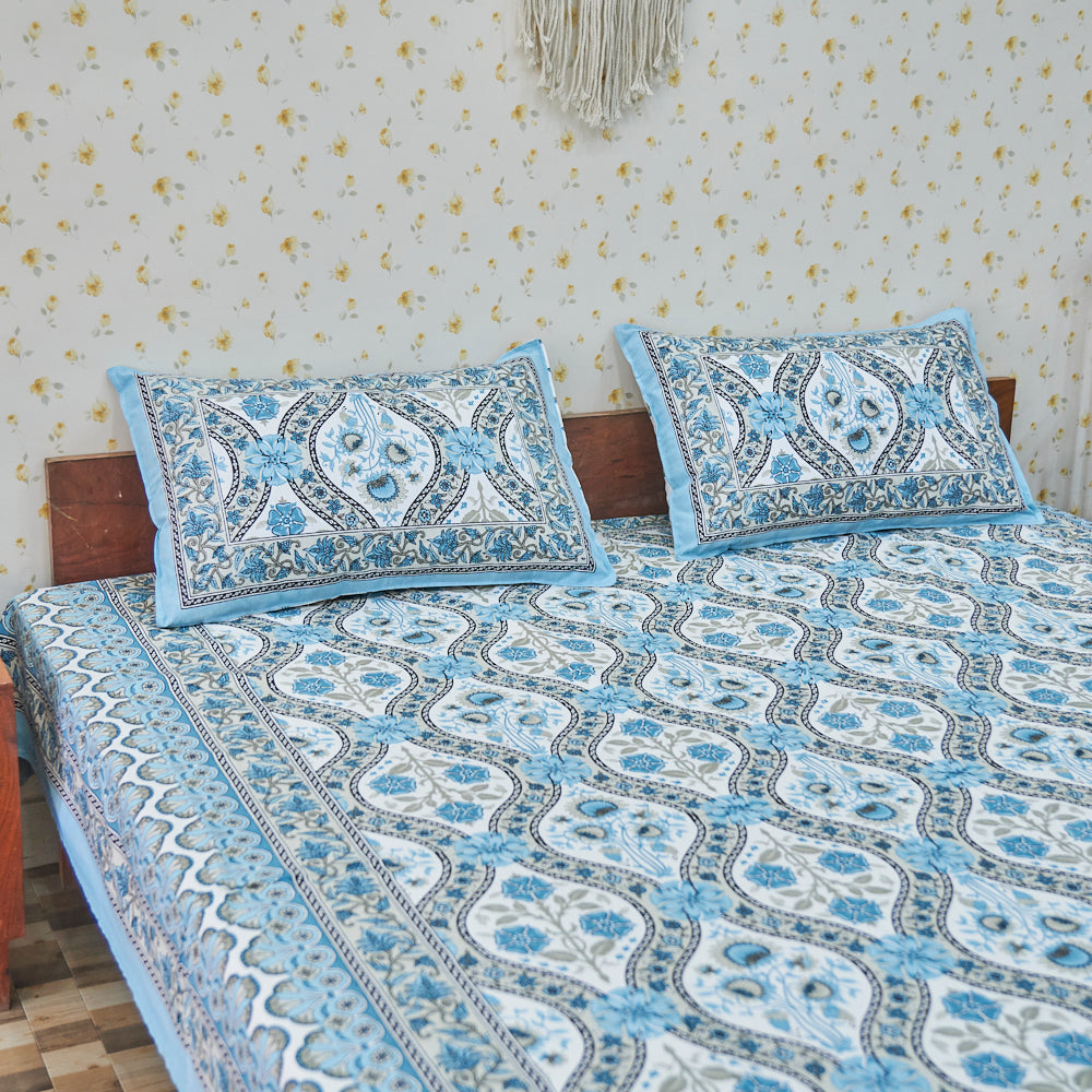 Cotton Long Bel White Deep Sky Blue Queen Size Bedsheet