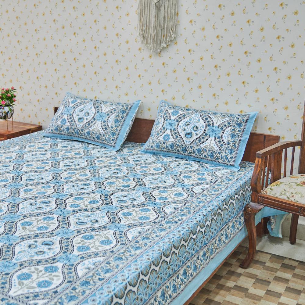 Cotton Long Bel White Deep Sky Blue Queen Size Bedsheet