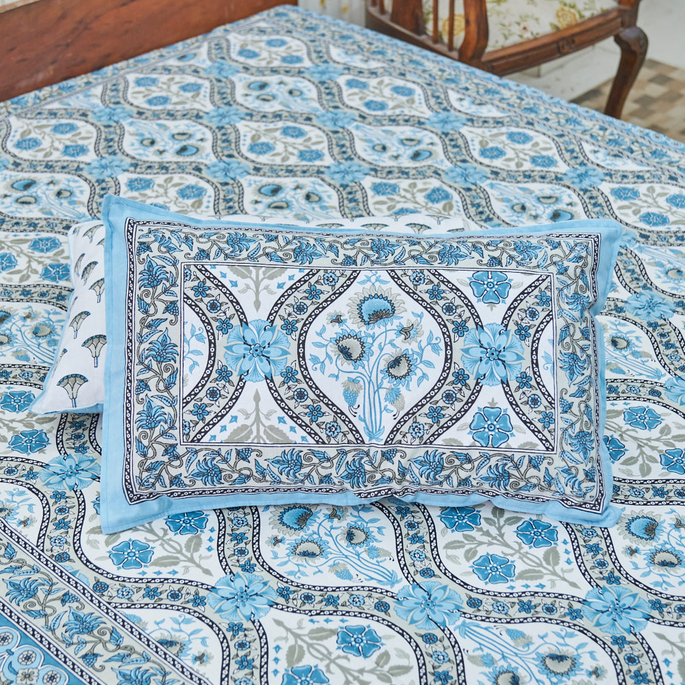 Cotton Long Bel White Deep Sky Blue Queen Size Bedsheet