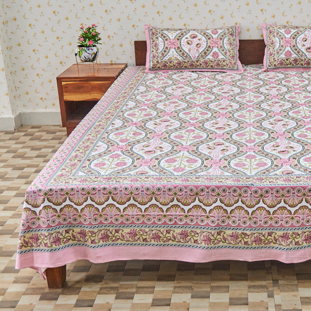 Cotton Long Bel White Pink Flax Queen Size Bedsheet