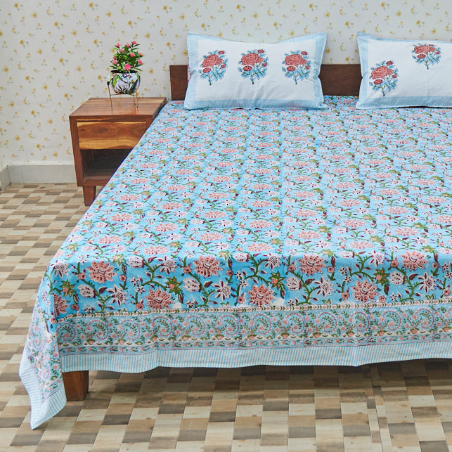 Cotton Sky Blue Floral Long Bel Print Queen Size Bedsheet