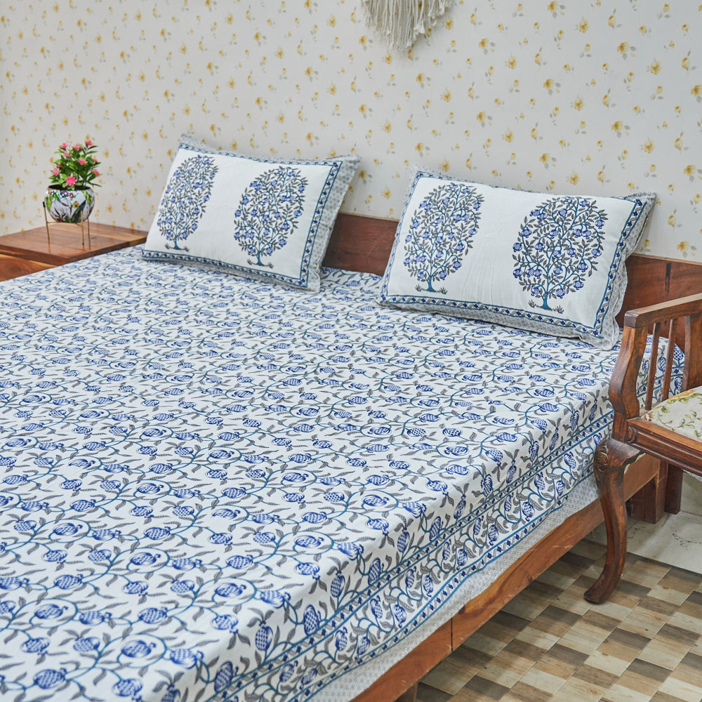 Cotton Long Bel White Blue Grey Queen Size Bedsheet