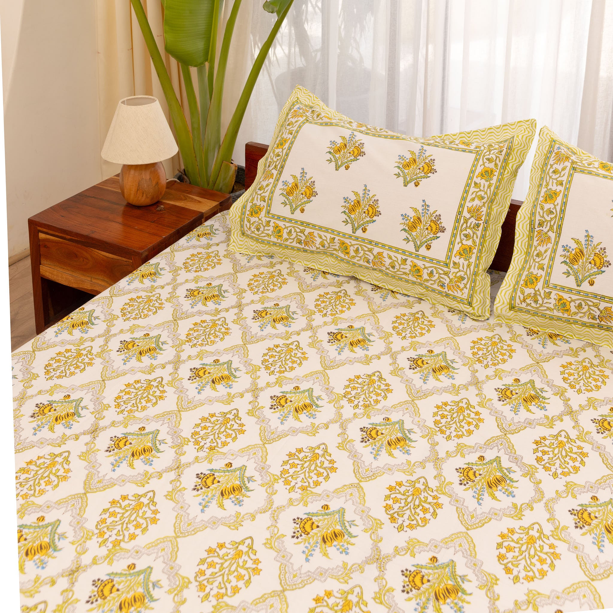 Cotton King Size bedsheet Mustard-Green Floral Block Print