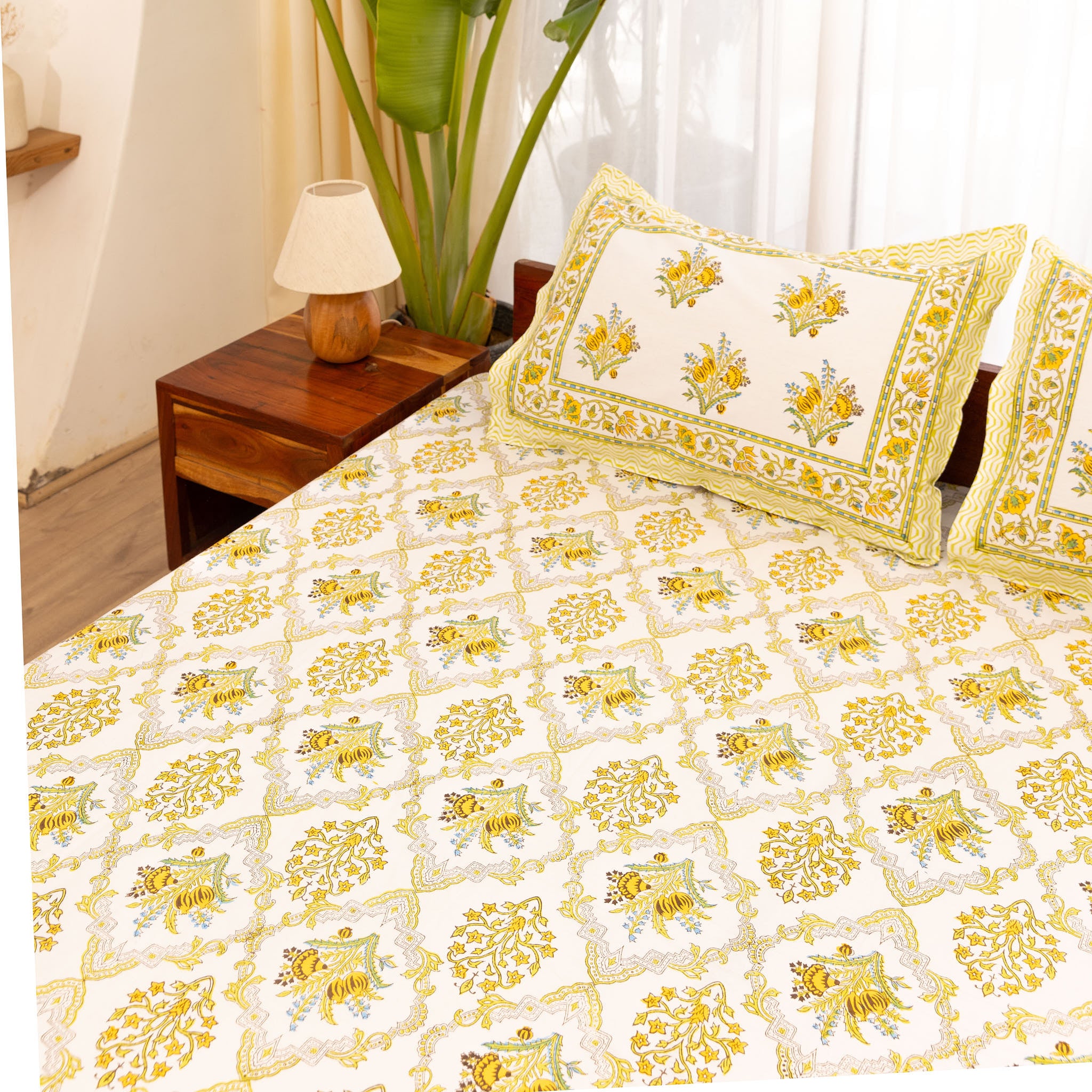 Cotton King Size bedsheet Mustard-Green Floral Block Print