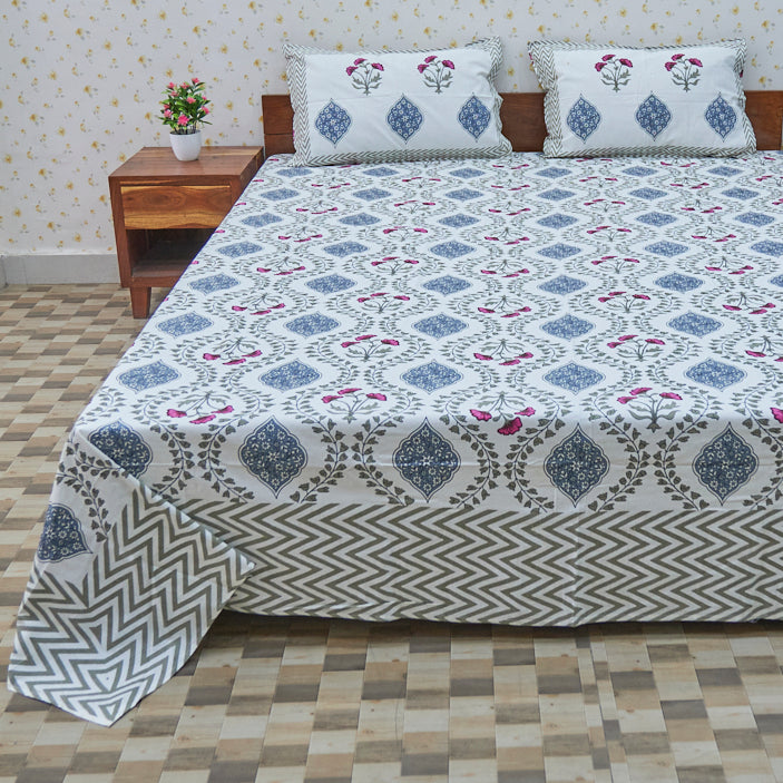 Cotton White Blue Floral Jaal King Size Bedsheet