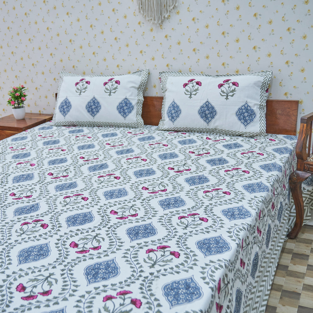 Cotton White Blue Floral Jaal King Size Bedsheet