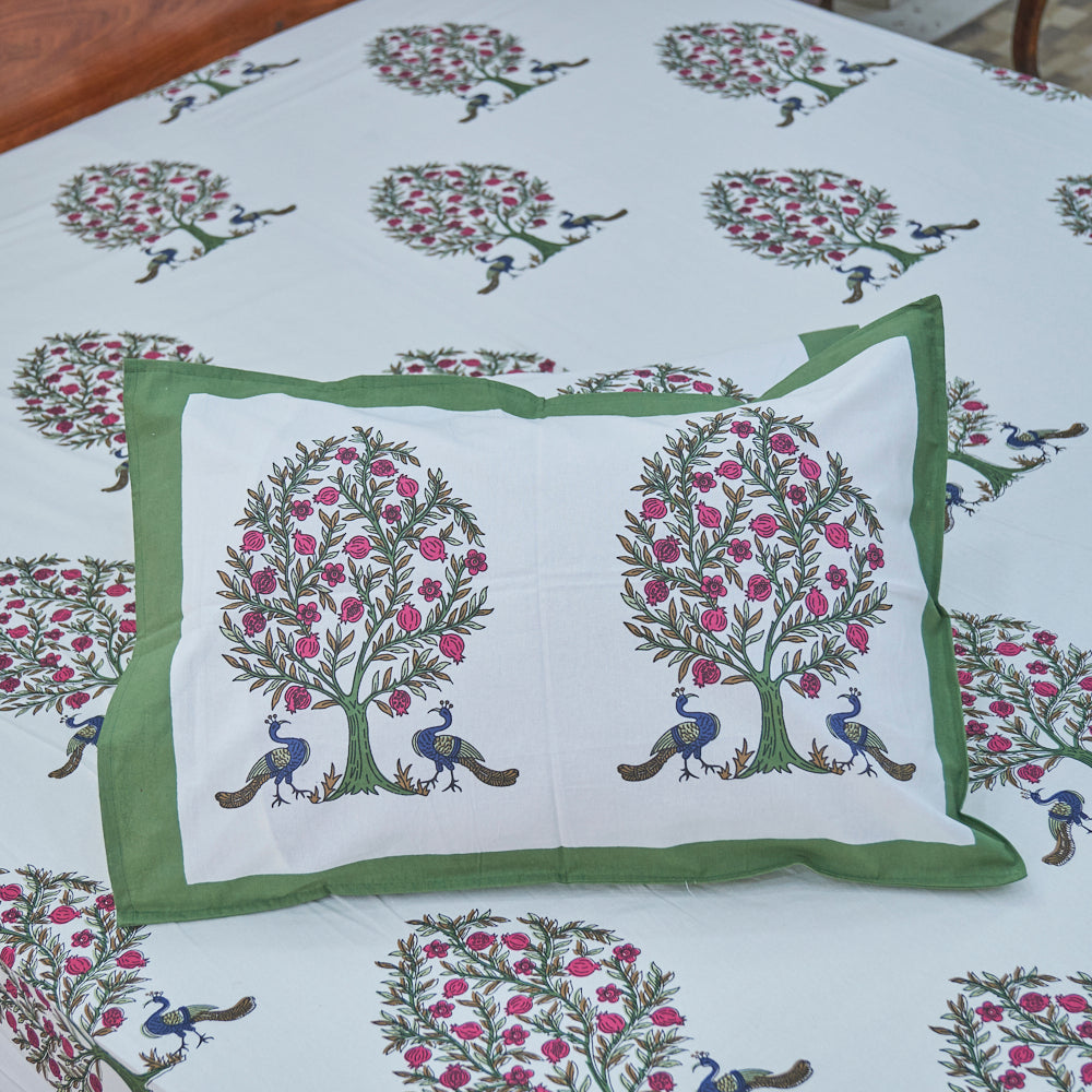 Cotton White Green Peacock Tree Print King Size Bedsheet