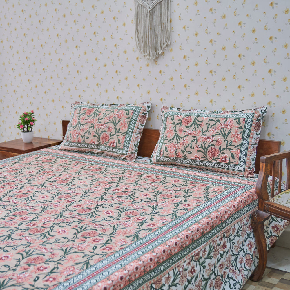 Cotton White Pink-Green Floral Jaal King Size Bedsheet