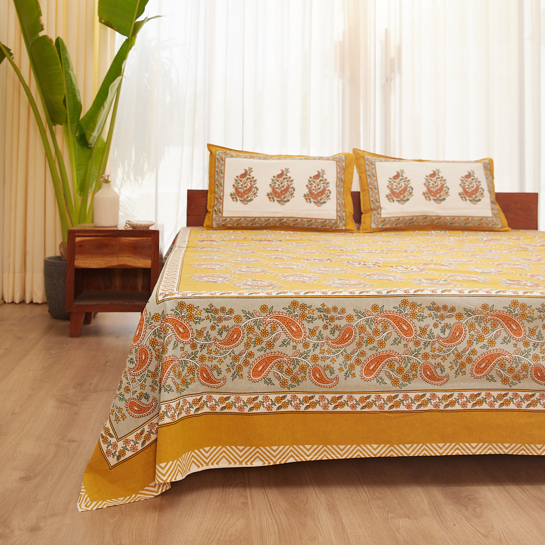 Cotton Mustard Paisley King Size Bedsheet