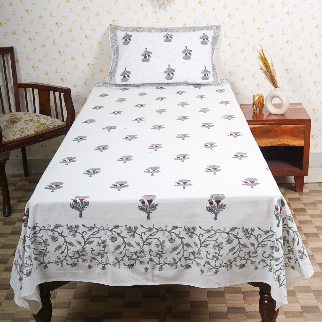 Cotton White Red-Grey Blockprint Single Bedsheet