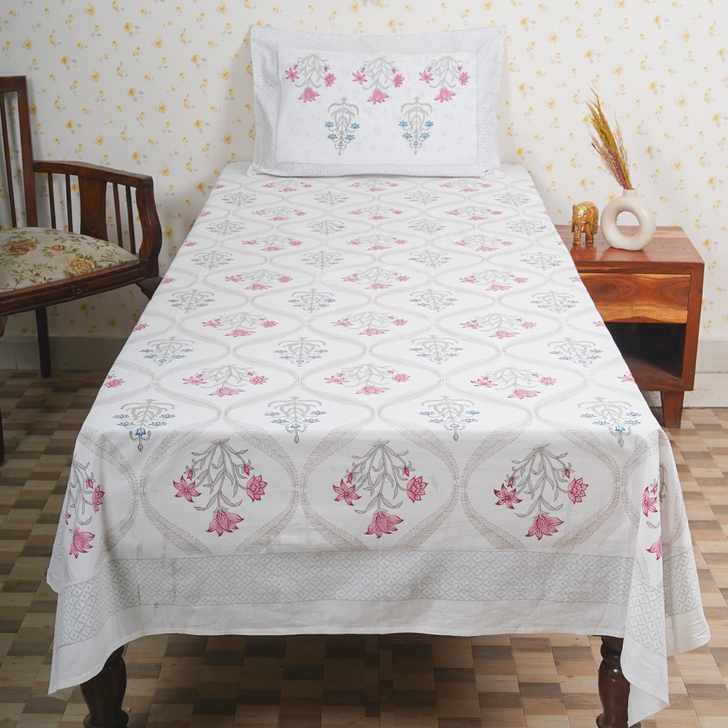 Cotton White Red-Blue Bliss Blockprint Single Bedsheet