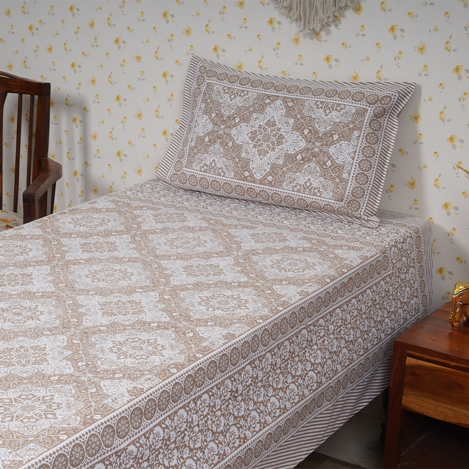 Cotton Jaipuri Heritage White Naples Yellow Single Bedsheet