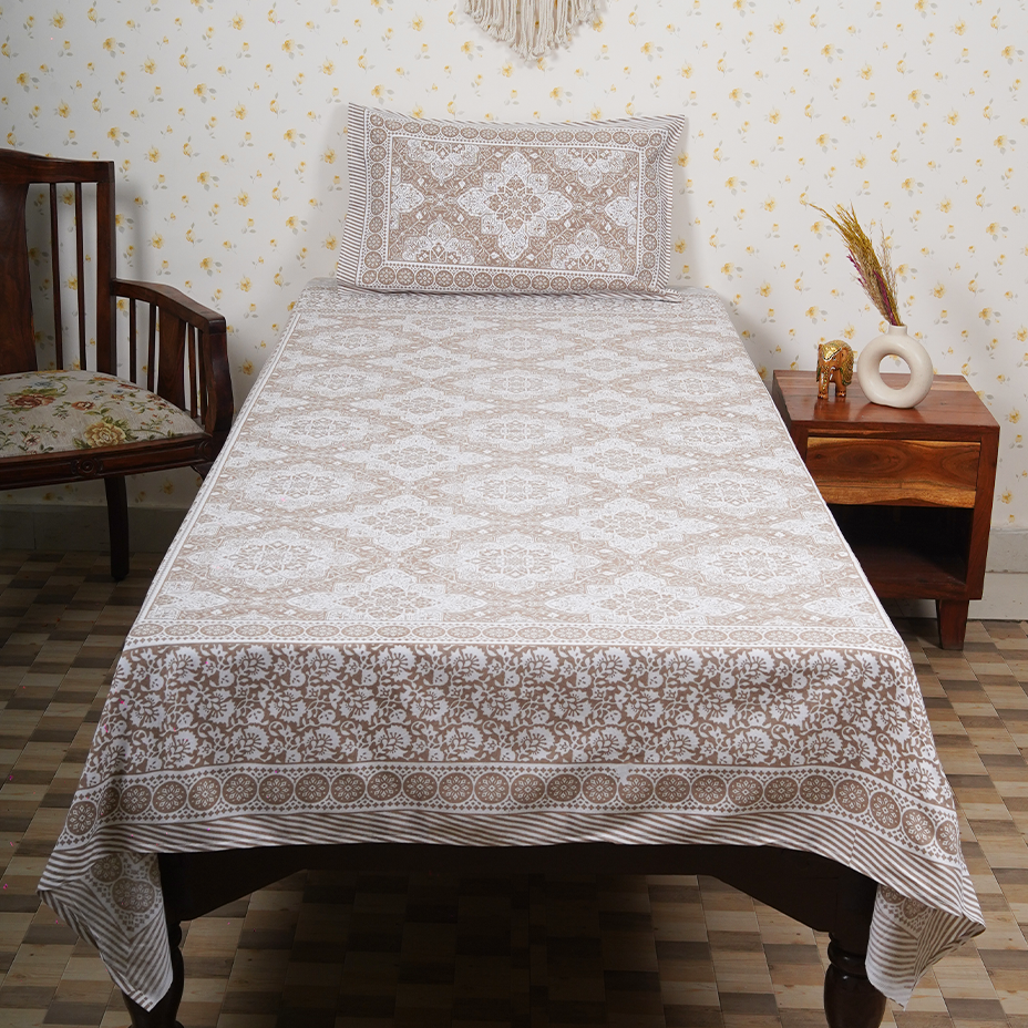 Cotton Jaipuri Heritage White Naples Yellow Single Bedsheet