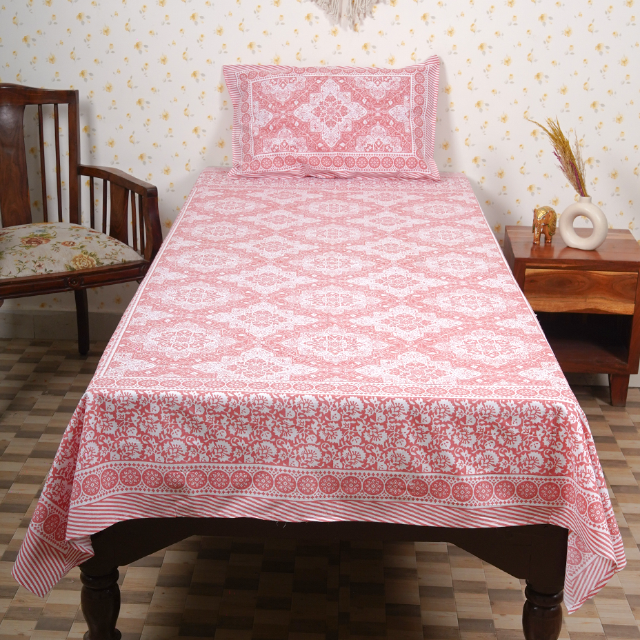 Cotton Jaipuri Heritage White Baby Pink Single Bedsheet