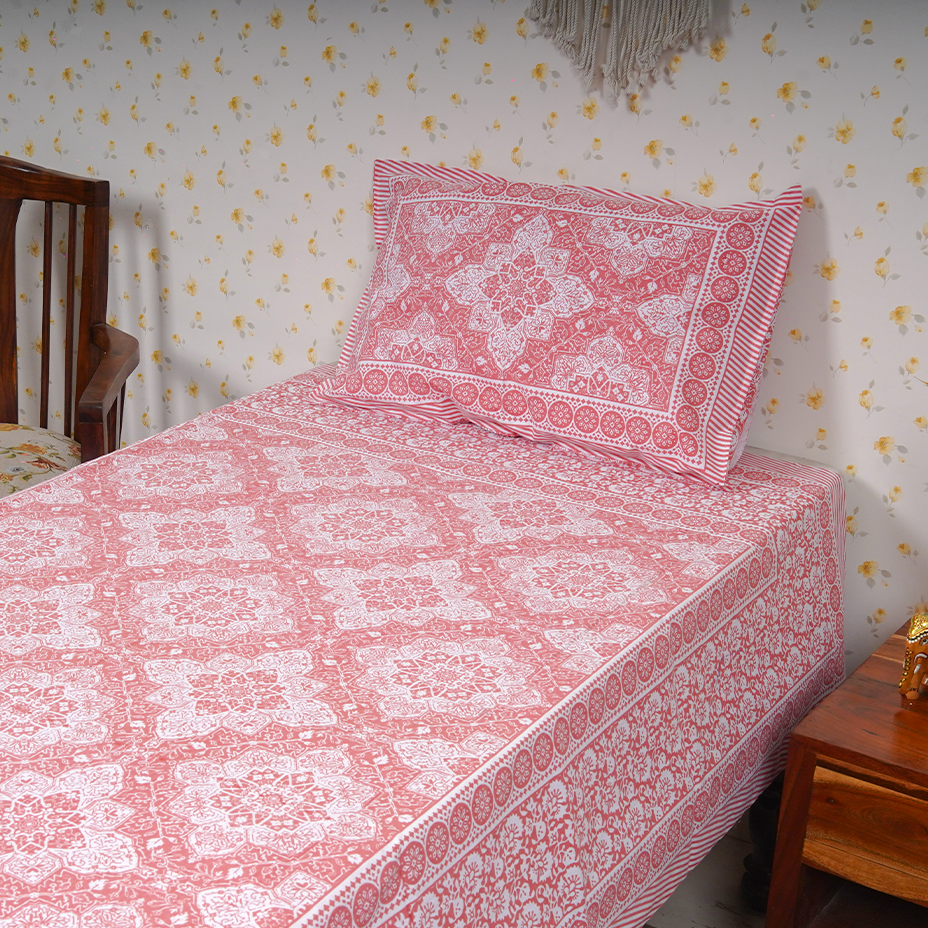 Cotton Jaipuri Heritage White Baby Pink Single Bedsheet