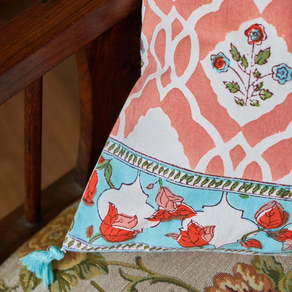 Peach Mughal Jaal Block Print Cushion Cover