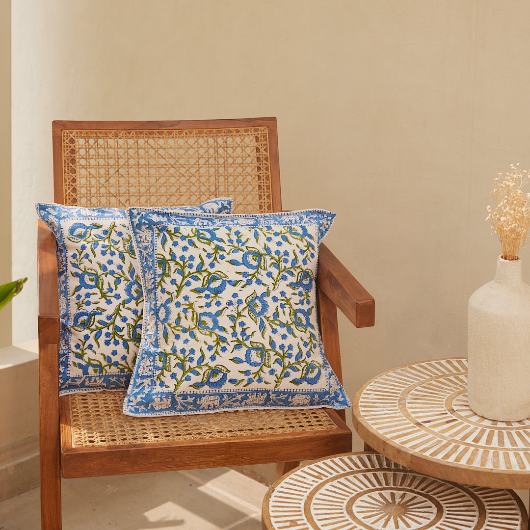 Cotton Cushion Cover Blue-Green Floral Jaal Block Print