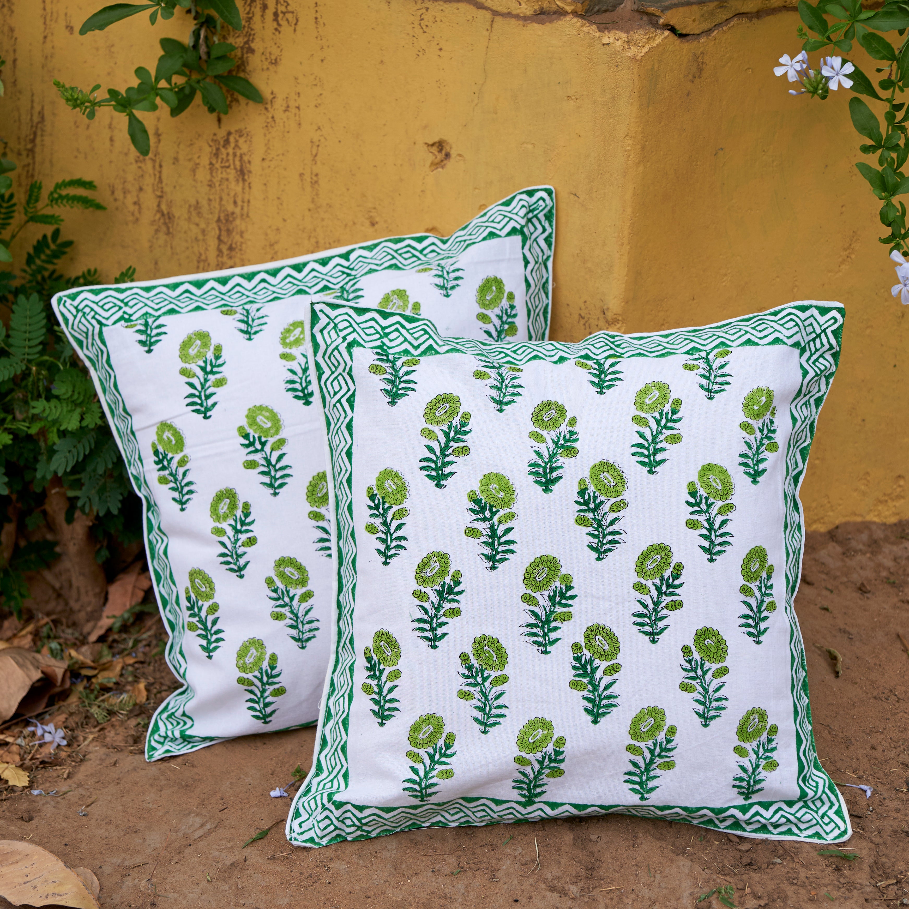 Cotton Cushion Cover Green Gerbera Floral Hand Block Print