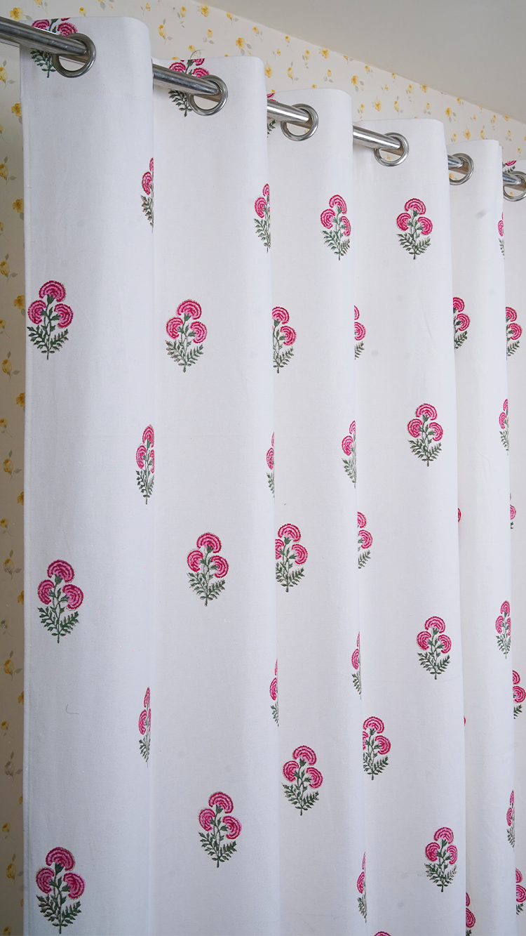 Drill Cotton Curtain Pink-Green Floral Block Print